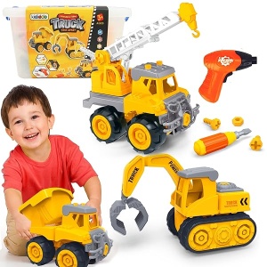 Camiones de construcción para niños de 3 a 5 años, juego de 3 vehículos, excavadora, grúa, camión volquete, juguete con destornillador y vástago de taladro, regalo educativo de cumpleaños para niños de 2, 3, 4 y 5 años