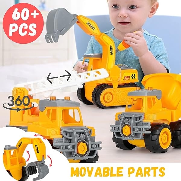 Camiones de construcción para niños de 3 a 5 años, juego de 3 vehículos, excavadora, grúa, camión volquete, juguete con destornillador y vástago de taladro, regalo educativo de cumpleaños para niños de 2, 3, 4 y 5 años - Image 6