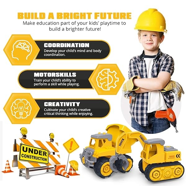 Camiones de construcción para niños de 3 a 5 años, juego de 3 vehículos, excavadora, grúa, camión volquete, juguete con destornillador y vástago de taladro, regalo educativo de cumpleaños para niños de 2, 3, 4 y 5 años - Image 7