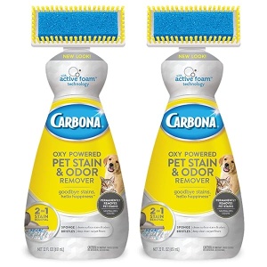 Carbona 2 en 1 Oxy-Powered removedor de manchas y olores de mascotas con tecnología de espuma activa, cabezal de cepillo de esponja y cerdas | Fórmula de eliminación de manchas | 27.5 onzas líquidas, paquete de 2