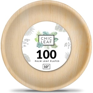 Chic Leaf Platos de hoja de palma desechables de bambú como paquete redondo de 10 pulgadas (100 unidades) – Platos de fiesta 100% compostables y biodegradables – Platos de boda resistentes y ecológicos