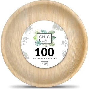 Chic Leaf Platos de hoja de palma desechables de bambú como paquete redondo de 10 pulgadas (100 unidades) – Platos de fiesta 100% compostables y biodegradables – Platos de boda resistentes y ecológicos