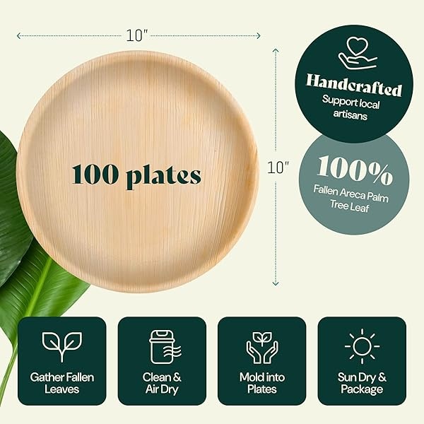 Chic Leaf Platos de hoja de palma desechables de bambú como paquete redondo de 10 pulgadas (100 unidades) – Platos de fiesta 100% compostables y biodegradables – Platos de boda resistentes y ecológicos - Image 7