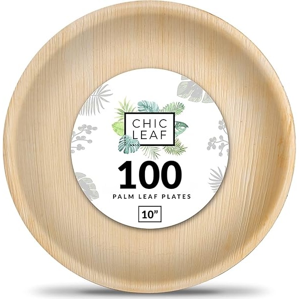 Chic Leaf Platos de hoja de palma desechables de bambú como paquete redondo de 10 pulgadas (100 unidades) – Platos de fiesta 100% compostables y biodegradables – Platos de boda resistentes y ecológicos