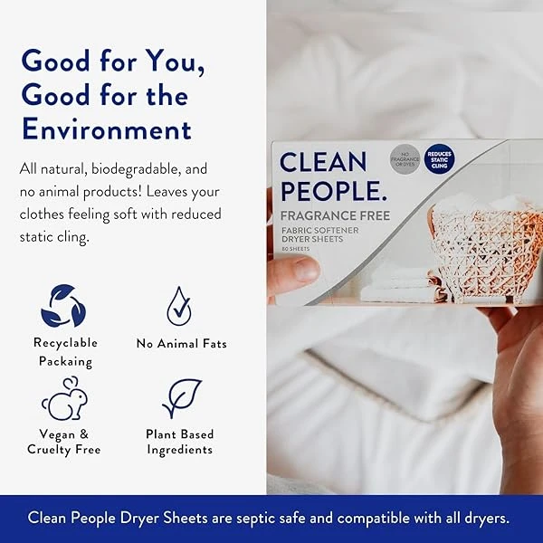 Clean People All - Hojas suavizantes de tela naturales para secador, sin fragancia, paquete de 2 (2 x 80 hojas) - Image 3