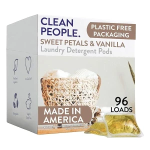 Clean People Laundry Washing Capsules - Plant-Based, Hypoallergenic Washing Capsules - Ultra Concentrated, Plastic Free, Recyclable Packaging, Stain Fighting - Sweet Petals, 96 Pack