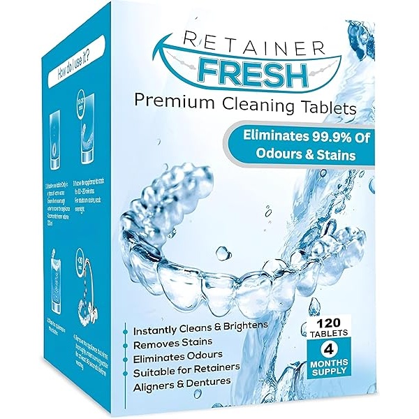 Cleaning Tablets - 120 Tablets 4 Months Supply Retainer Fresh Keeps Retainers Clean, Fresh, Bright, and Stain-Free - Dentures, Invisible Straighteners, Aligners, and Mouth Guards.