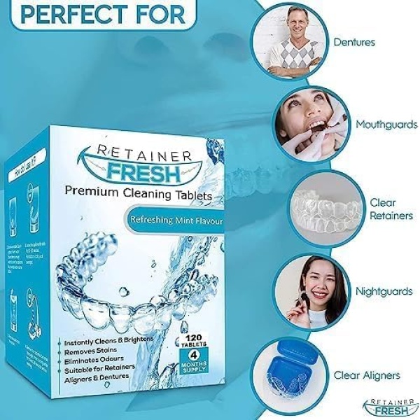 Cleaning Tablets - 120 Tablets 4 Months Supply Retainer Fresh Keeps Retainers Clean, Fresh, Bright, and Stain-Free - Dentures, Invisible Straighteners, Aligners, and Mouth Guards. - Image 8