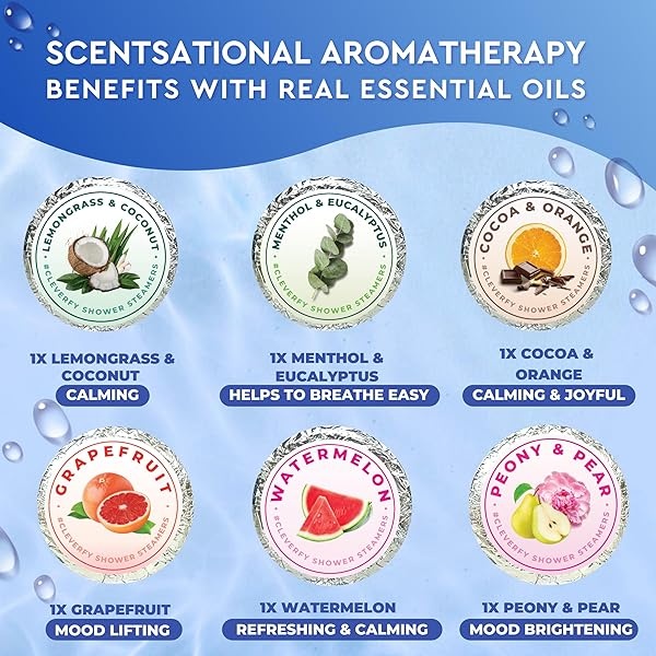 Cleverfy Vaporizadores de ducha de aromaterapia, paquete surtido de 6 bombas de ducha con aceites esenciales. Vaporizador de ducha para cuidado personal y relajación para mujeres y hombres. Conjunto Azul - Image 6