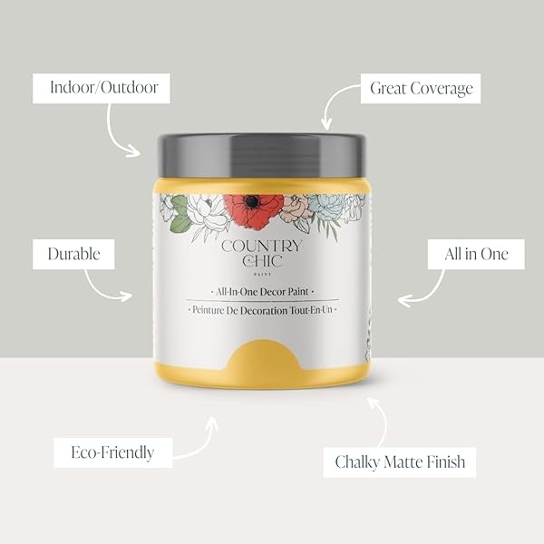 Country Chic Paint - Pintura todo en uno estilo de gis para muebles, decoración del hogar, armarios, manualidades, respetuosa con el medio ambiente, preparación mínima de superficies, pintura mate multisuperficie - chanclos amarillas [amarillo] - cuarto de galón (32 onzas) - Image 3