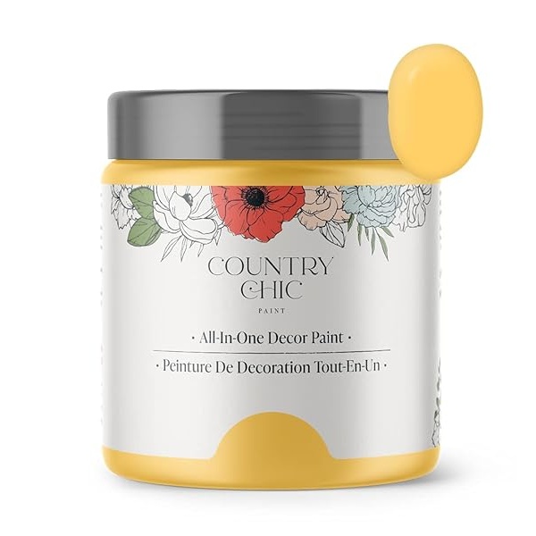 Country Chic Paint - Pintura todo en uno estilo gis para muebles, decoración del hogar, armarios, manualidades, respetuosa con el medio ambiente, preparación mínima de superficies, pintura mate multisuperficie - chanclos amarillas [amarillo] - pinta (16 onzas)