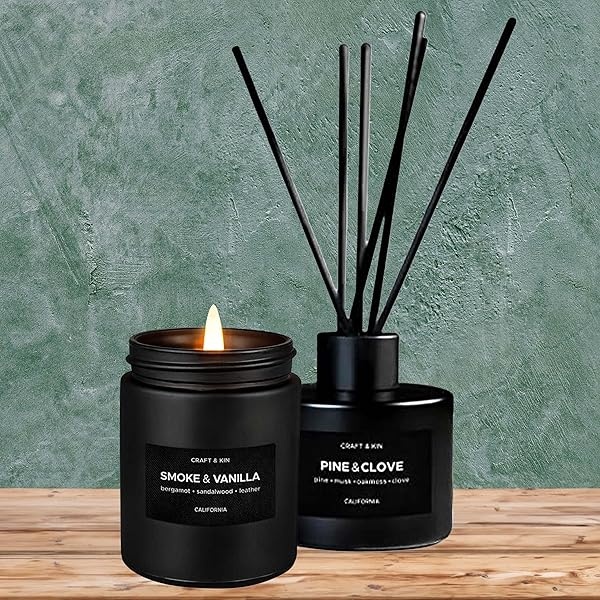 Craft & Kin, Lavender Woods - Juego de vela aromática y difusor de varilla para el hogar, vela de soja con aroma a madera y lavanda para hombre, varillas difusoras de caña - Image 4