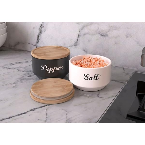 Cuencos de sal y pimienta con tapa, juego de bodega de sal y pimienta con tapas herméticas de madera, recipientes apilables de sal y pimienta con tapa, juego de sal y pimienta de cerámica, soporte para sal y pimienta para mostrador - Image 4