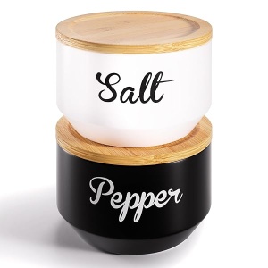 Cuencos de sal y pimienta con tapa, juego de bodega de sal y pimienta con tapas herméticas de madera, recipientes apilables de sal y pimienta con tapa, juego de sal y pimienta de cerámica, soporte para sal y pimienta para mostrador
