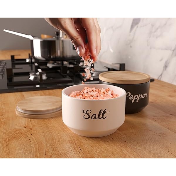 Cuencos de sal y pimienta con tapa, juego de bodega de sal y pimienta con tapas herméticas de madera, recipientes apilables de sal y pimienta con tapa, juego de sal y pimienta de cerámica, soporte para sal y pimienta para mostrador - Image 5