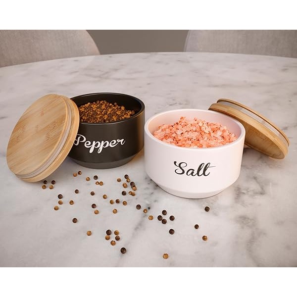 Cuencos de sal y pimienta con tapa, juego de bodega de sal y pimienta con tapas herméticas de madera, recipientes apilables de sal y pimienta con tapa, juego de sal y pimienta de cerámica, soporte para sal y pimienta para mostrador - Image 6