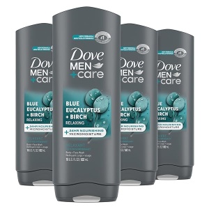 DOVE MEN + CARE Dove Men+Care Mens Body Wash Blue Eucalyptus and Birch 4 Count Dry Skin Body Wash with Micromoisture, Effectively Washes Away Bacteria While Nourishing Your Skin, 18 oz
