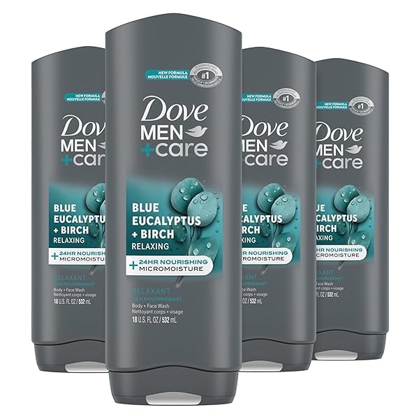DOVE MEN + CARE Dove Men+Care Mens Body Wash Blue Eucalyptus and Birch 4 Count Dry Skin Body Wash with Micromoisture, Effectively Washes Away Bacteria While Nourishing Your Skin, 18 oz