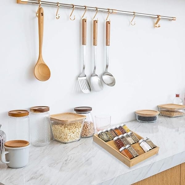 Diahom Organizador de especias de bambú para cajón de cocina, 18 tarros de almacenamiento de 3 niveles para especias - Image 7