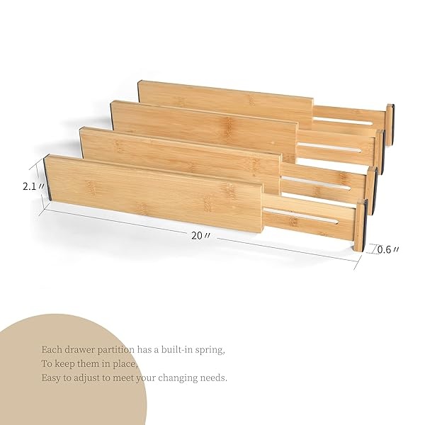 Divisores ampliables de bambú natural de 13 a 17 pulgadas, juego de 4 piezas, ajustable, excelente tensión de resorte, organizador con resorte, para cocina, dormitorio, oficina, cajones de tocador - Image 3