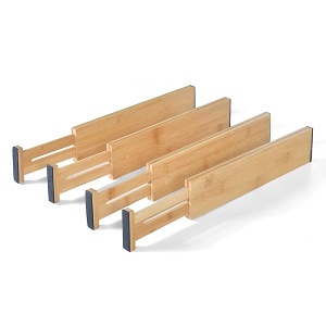 Divisores ampliables de bambú natural de 13 a 17 pulgadas, juego de 4 piezas, ajustable, excelente tensión de resorte, organizador con resorte, para cocina, dormitorio, oficina, cajones de tocador