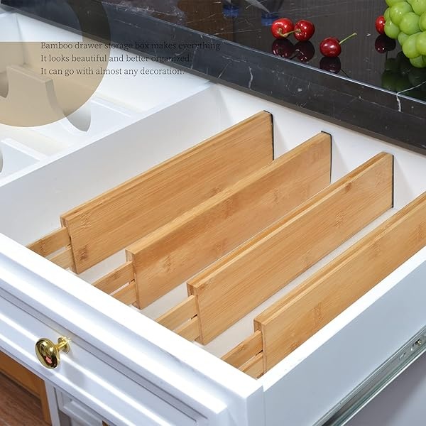 Divisores ampliables de bambú natural de 13 a 17 pulgadas, juego de 4 piezas, ajustable, excelente tensión de resorte, organizador con resorte, para cocina, dormitorio, oficina, cajones de tocador - Image 6