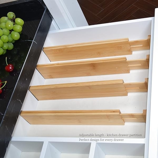 Divisores ampliables de bambú natural de 13 a 17 pulgadas, juego de 4 piezas, ajustable, excelente tensión de resorte, organizador con resorte, para cocina, dormitorio, oficina, cajones de tocador - Image 7