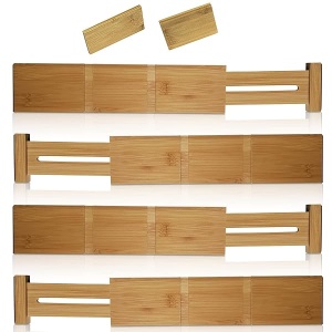 Divisores de cajón de cocina de una casa de campaña, organizador de bambú ajustable y ampliable para cubiertos, cubiertos y utensilios – Separadores de madera con piezas adicionales para cajones de 30 a 40 cm de largo – Juego de 4 (madera natural, 31 a 43,8 cm)