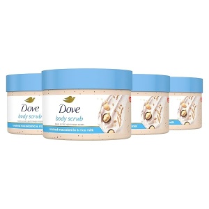 Dove Exfoliating Body Polish Scrub Reveals Visibly Smoother Skin Macadamia & Rice Milk Body Scrub That Nourishes Skin, 10.5 Ounce (Pack of 4)
