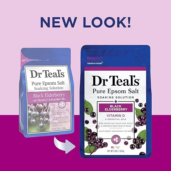 Dr Teal's Pure Epsom Salt Soak, Black Elderberry with Vitamin D, 3 lbs (Pack of 4) (Packaging May Vary) - Image 3