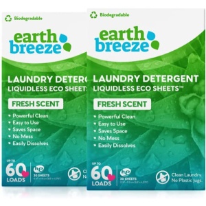 Earth Breeze - Hojas de detergente para ropa sin líquido - Aroma fresco - Sin jarra de plástico (120 cargas) 60 hojas (paquete de 2)