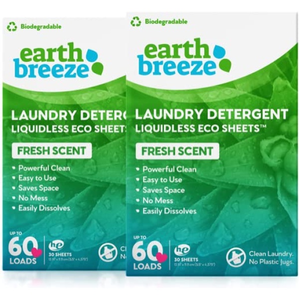 Earth Breeze - Hojas de detergente para ropa sin líquido - Aroma fresco - Sin jarra de plástico (120 cargas) 60 hojas (paquete de 2)