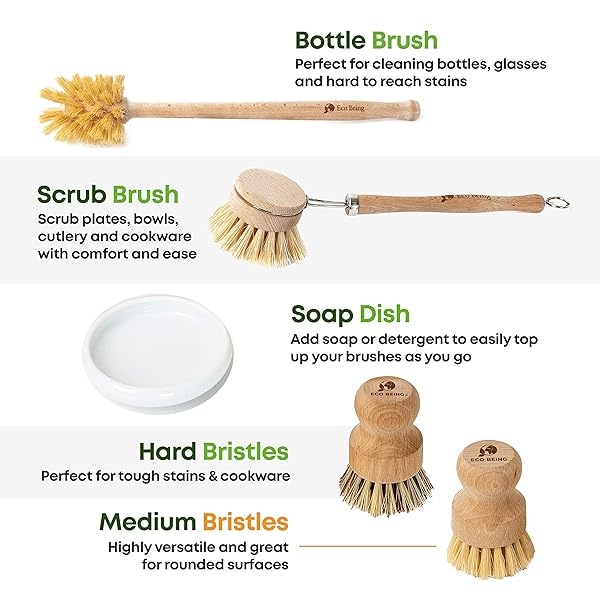 Eco Being - Juego de cepillos de platos con dispensador de jabón, cepillo para polvo de bambú para platos con cepillos resistentes y libres de plástico y mangos de madera ~ 5 piezas de cocina hace que la limpieza de los platos sea más fácil. - Image 3