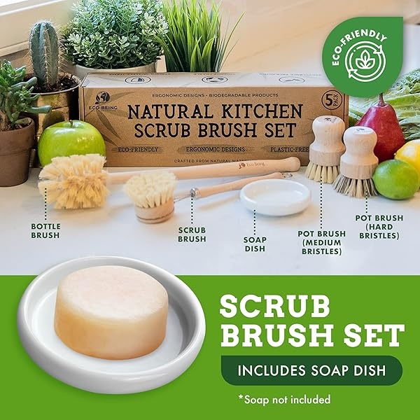 Eco Being - Juego de cepillos de platos con dispensador de jabón, cepillo para polvo de bambú para platos con cepillos resistentes y libres de plástico y mangos de madera ~ 5 piezas de cocina hace que la limpieza de los platos sea más fácil. - Image 4