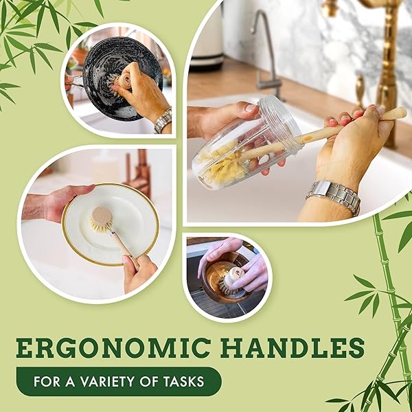 Eco Being - Juego de cepillos de platos con dispensador de jabón, cepillo para polvo de bambú para platos con cepillos resistentes y libres de plástico y mangos de madera ~ 5 piezas de cocina hace que la limpieza de los platos sea más fácil. - Image 5