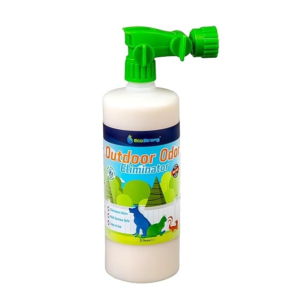 Eco Strong Eliminador de olores al aire libre | Limpiador de enzimas de orina de perro – Potente desodorante para mascotas, gatos, animales | Fuerza profesional para patio, césped, perreras, patios, cubiertas (32 oz)