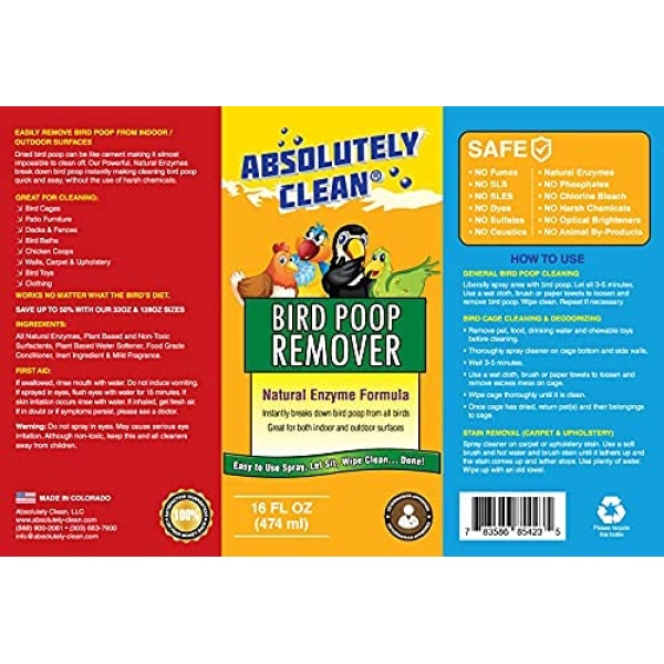 Eliminador de excrementos de pájaros absolutamente Clean Amazing – simplemente rociar / limpiar – elimina de forma segura y fácil la suciedad de pájaros – Uso en interiores y exteriores – fabricado en los Estados Unidos (botella de spray de 16 onzas) - Image 3