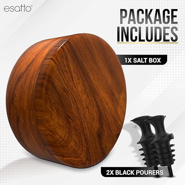 Esatto Caja redonda de madera de acacia para sal y especias, tapa giratoria magnética, caja de almacenamiento de sal, pimienta o especias, dos compartimentos, 2 vertedores de vino incluidos - Image 3
