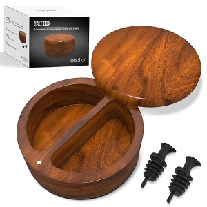 Esatto Caja redonda de madera de acacia para sal y especias, tapa giratoria magnética, caja de almacenamiento de sal, pimienta o especias, dos compartimentos, 2 vertedores de vino incluidos