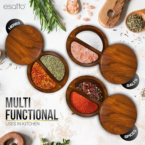Esatto Caja redonda de madera de acacia para sal y especias, tapa giratoria magnética, caja de almacenamiento de sal, pimienta o especias, dos compartimentos, 2 vertedores de vino incluidos - Image 7