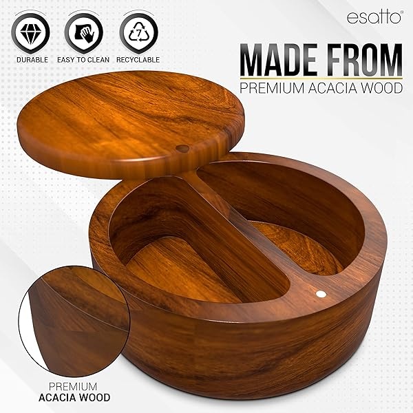 Esatto Caja redonda de madera de acacia para sal y especias, tapa giratoria magnética, caja de almacenamiento de sal, pimienta o especias, dos compartimentos, 2 vertedores de vino incluidos - Image 8