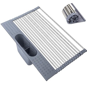 Estante multiusos enrollable para secar platos, escurridor de platos con soporte para utensilios sobre el fregadero, escurridor de platos plegable de acero inoxidable 304 para encimera de fregadero de cocina / cesta de drenaje desmontable
