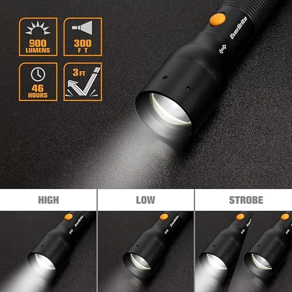 EverBrite Linterna táctica ultrabrillante, enfoque ajustable con zoom de 900 lúmenes, 3 modos de luz, linterna de aluminio resistente para suministros de huracán, camping, incluye baterías alcalinas 3C - Image 6