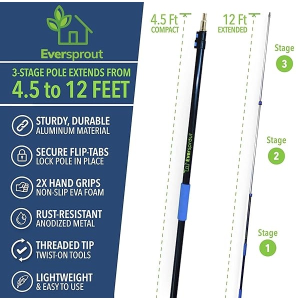 Everprout - percha de ropa para barra de Navidad de 5 a 13 pies (18-20 pies de distancia) - Gancho para instalar y colgar luces de Navidad & luces de día festivo, ligera, telescópica barra de extensión - Image 8