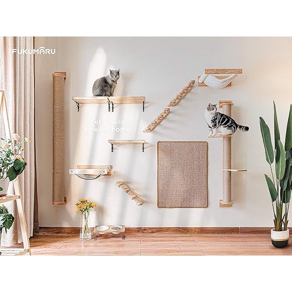 FUKUMARU Hamaca para gatos montada en la pared, estante grande para gatos, camas y perchas modernas, muebles de gatito de primera calidad para dormir, jugar, escalar y descansar, soporta fácilmente hasta 40 libras, rayas negras - Image 9