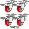 FactorDuty - Juego de 4 ruedas giratorias de poliuretano rojo con kit de hardware HD, 3 pulgadas con freno, con tornillos