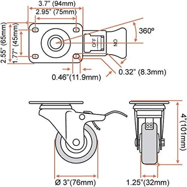 FactorDuty - Juego de 4 ruedas giratorias de poliuretano rojo con kit de hardware HD, 3 pulgadas con freno, con tornillos - Image 3