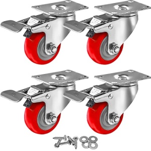 FactorDuty - Juego de 4 ruedas giratorias de poliuretano rojo con kit de hardware HD, 3 pulgadas con freno, con tornillos