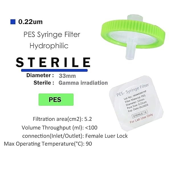 Filtro de jeringa, estéril, tamaño de poro de la membrana PES 0.22um, diámetro de la membrana 33mm, empaquetado individualmente, paquete de 20 por Labfil - Image 3