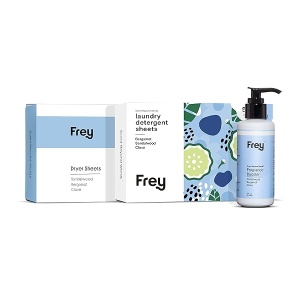 Frey Paquete completo de lavandería, sábanas de detergente, sábanas de secadora y potenciador de aromas, perfumadas de forma segura, lujosas, naturales, ingredientes seguros, aromas increíbles, sándalo/bergamota/clavo